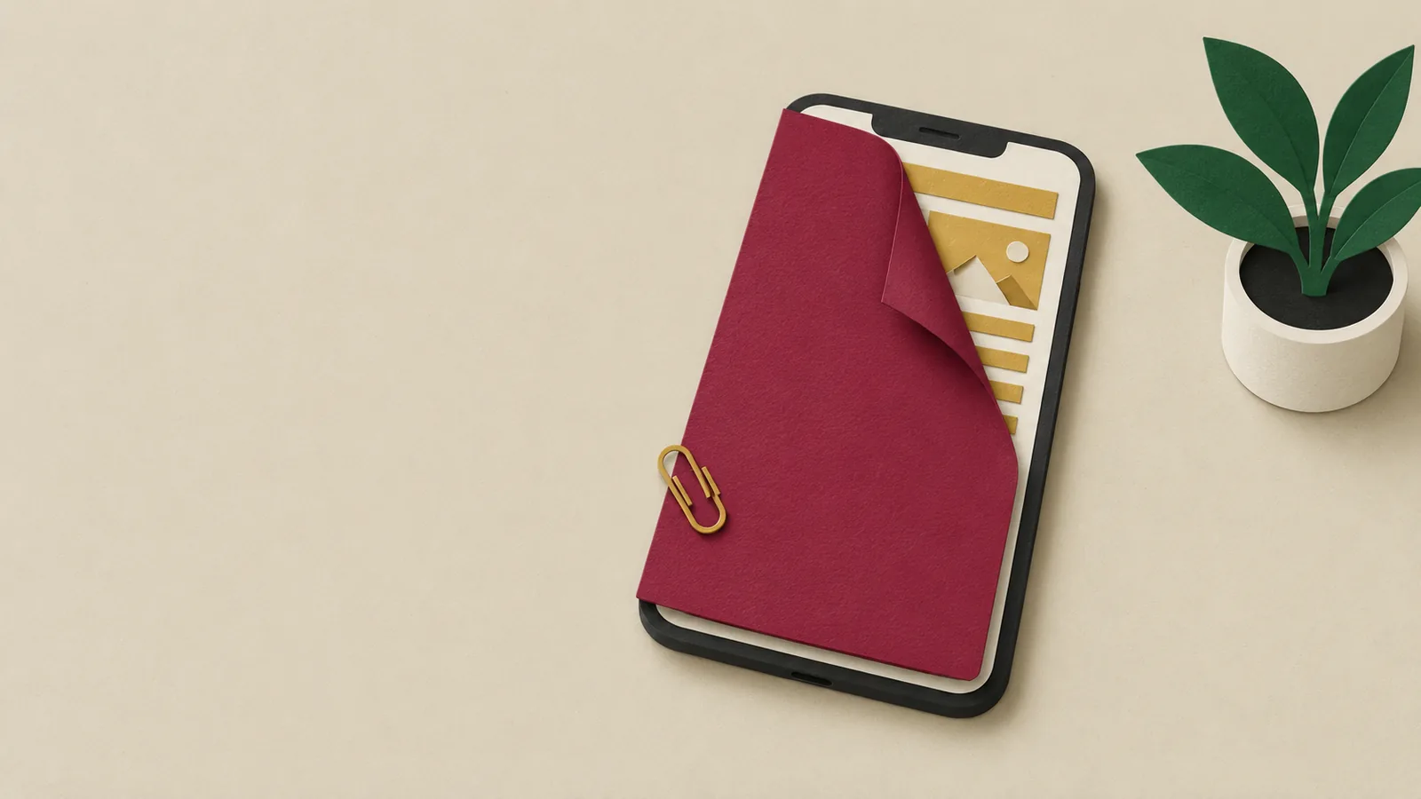 Papier-Smartphone, dessen Display ein rotes Blatt verdeckt; unter der hochgeklappten Ecke leuchten goldene Inhaltsflächen