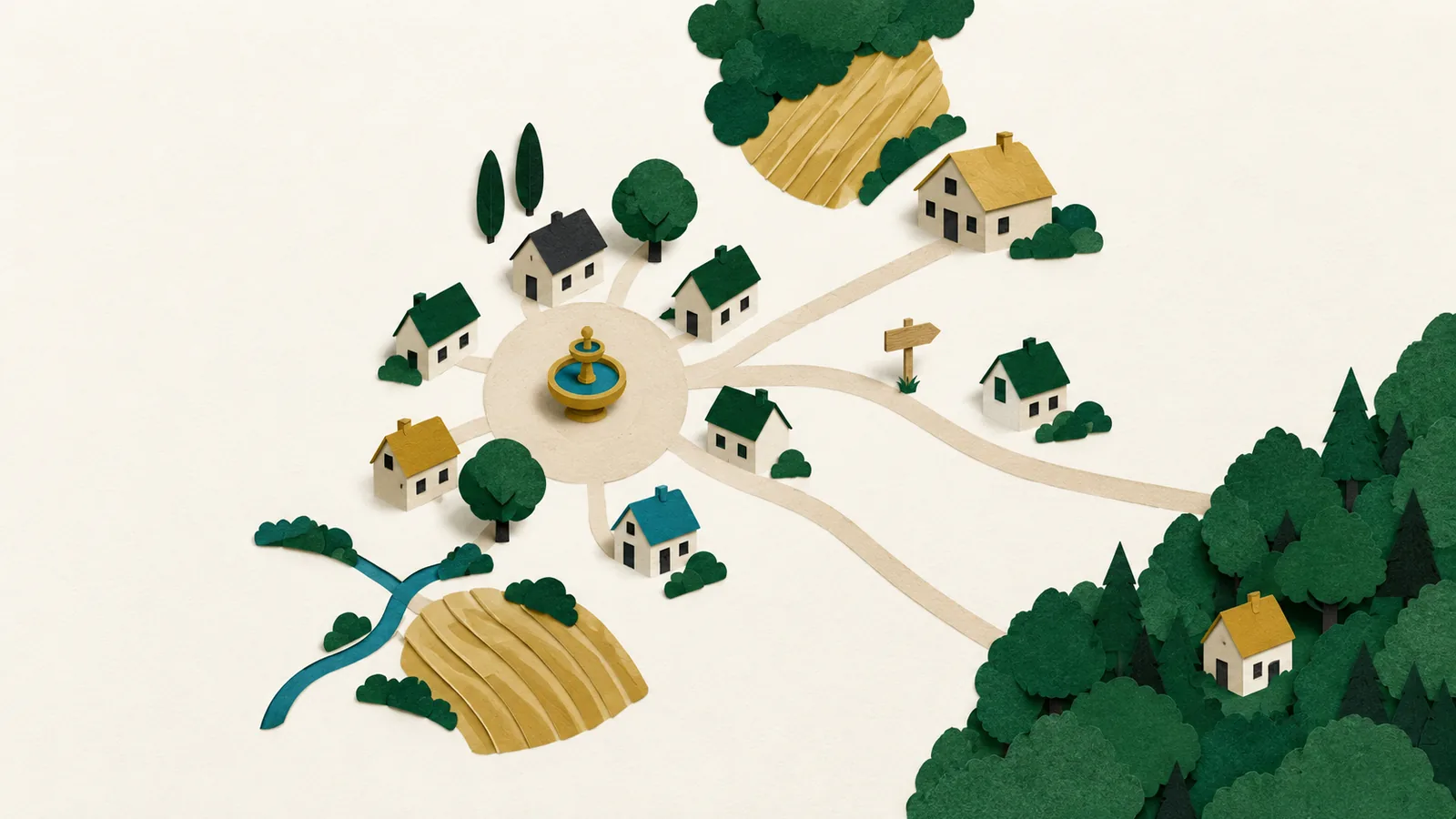 Papierdorf von oben: Wege führen vom goldenen Dorfplatz zu den Häusern, ein Haus im Wald hat keinen Weg (