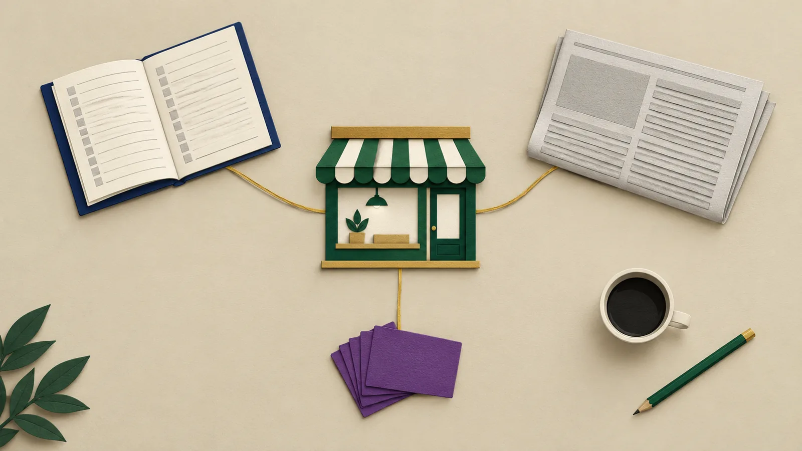 Backlinks als goldene Kordeln: Verzeichnis, Zeitung und Visitenkarten führen zu einem kleinen Papier-Schaufenster
