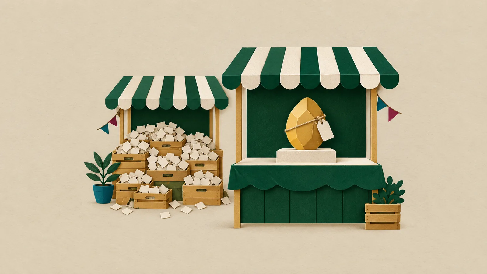 Zwei Marktstände: einer mit überquellenden Billigkisten, einer mit einem einzelnen goldenen Stück für einen guten Link