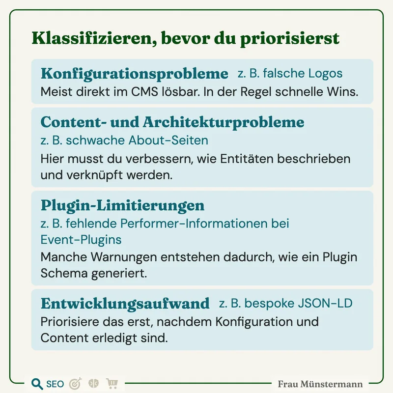 Vier Kategorien für Entity-Befunde: Konfigurationsprobleme (schnelle Wins im CMS), Content- und Architekturprobleme, Plugin-Limitierungen und Entwicklungsaufwand, der erst nach Konfiguration und Content priorisiert wird.