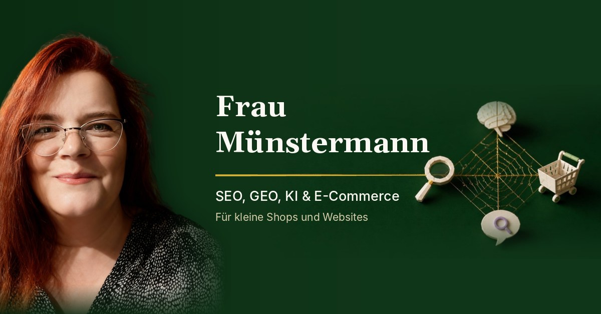 Melanie Münstermann neben vier Papier-Symbolen auf grünem Grund: Lupe für SEO, Sprechblase für GEO, Gehirn für KI, Einkaufswagen für E-Commerce, verbunden durch ein goldenes Netz