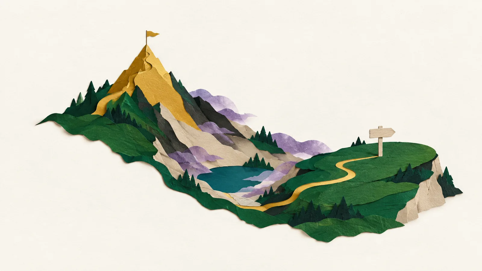 Papierlandschaft mit goldenem Gipfel, Tal mit See und Pfad zum Plateau: die Phasen des Gartner Hype Cycle als Wanderung