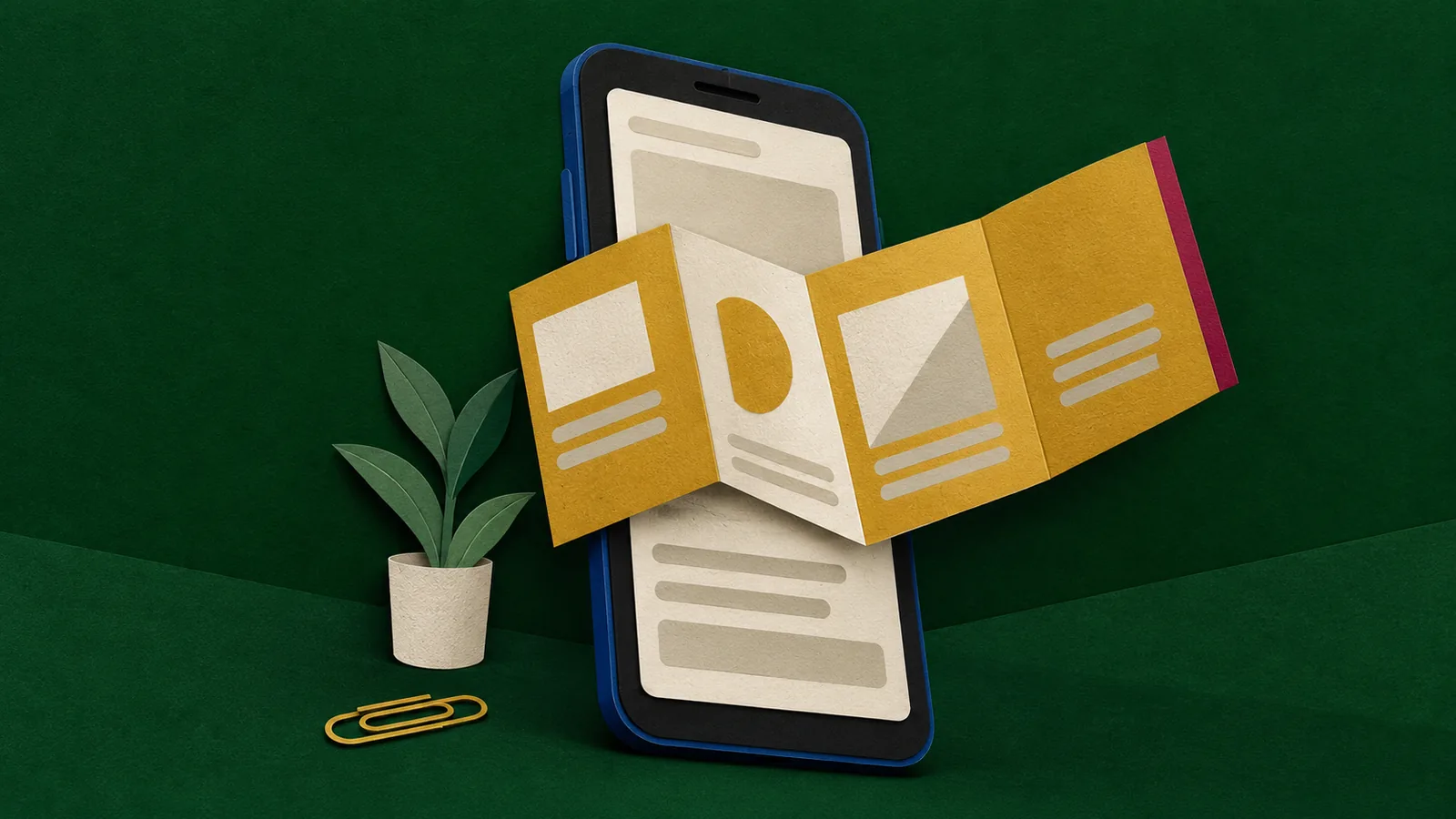 Riesiges Smartphone, über dessen Display eine gefaltete Broschüre hinausragt: PDFs passen schlecht auf kleine Bildschirme